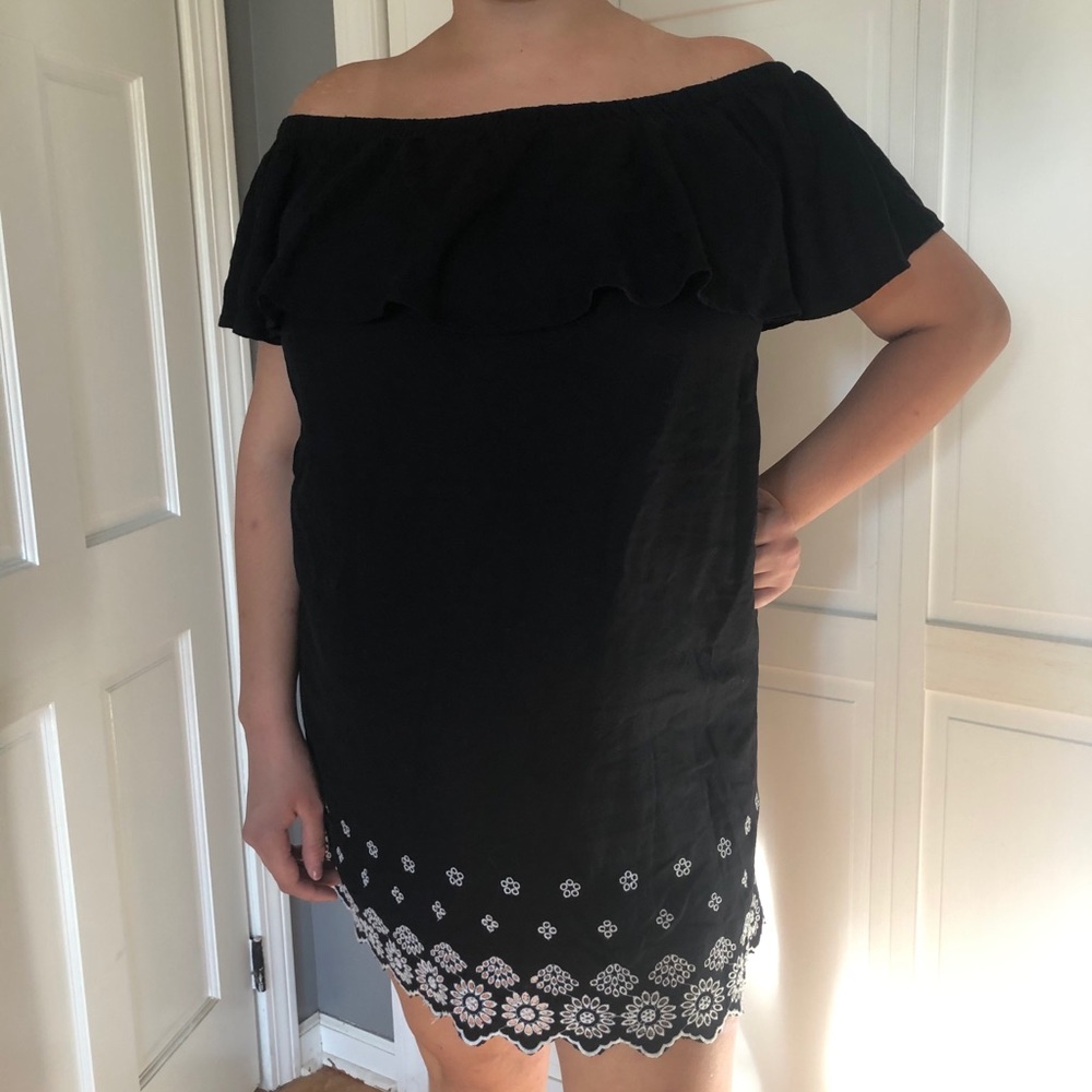 Black and White Off the Shoulder Eyelet Dress
